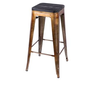 TABOURET BAR METAL INDUSTRIEL VERNIS DORE ASSISE BOIS NOIR 42.5 x 42.5 x 77 cm