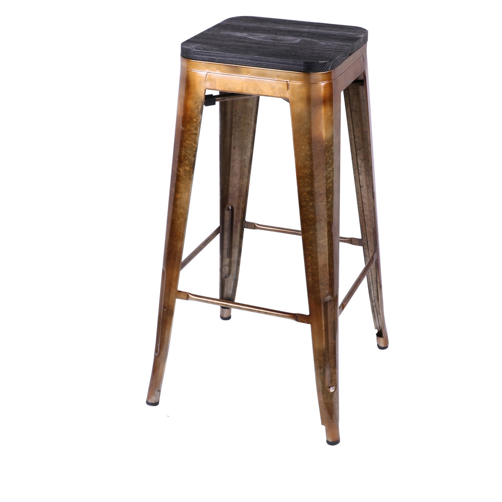 TABOURET BAR METAL INDUSTRIEL VERNIS DORE ASSISE BOIS NOIR 42.5 x 42.5 x 77 cm - Photo N°1