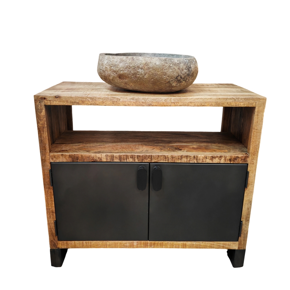 MEUBLE DE SALLE DE BAIN EN MANGUIER ET METAL 2 PORTES 1 NICHE 90 X 81 X 45 CM - Photo N°2