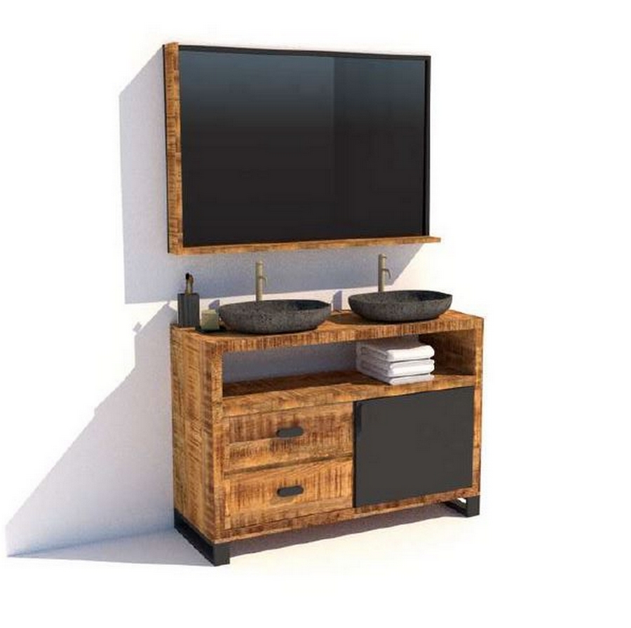 MEUBLE DE SALLE DE BAIN EN MANGUIER ET METAL 1 PORTE 2 TIROIRS 120 X 81 X 45 CM - Photo N°1