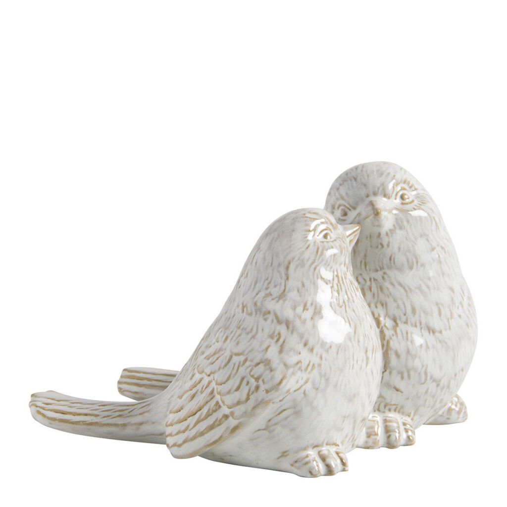 COUPLE D'OISEAUX AMOUREUX DECORATIF EN GRES BLANC 16 X 12 X 10 CM - Photo N°1