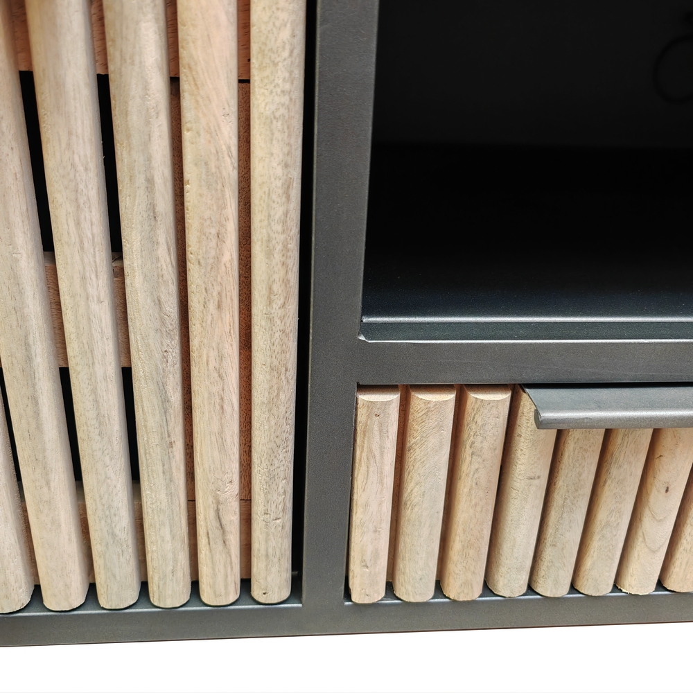 MEUBLE TV FLUTE MANGUIER ET METAL 2 PORTES 2 TIROIRS 180 X 45 X 50 - Photo N°7