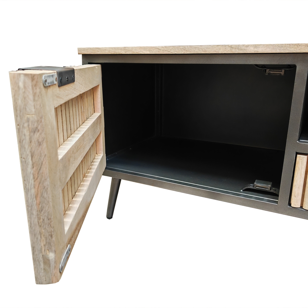 MEUBLE TV FLUTE MANGUIER ET METAL 2 PORTES 2 TIROIRS 180 X 45 X 50 - Photo N°5