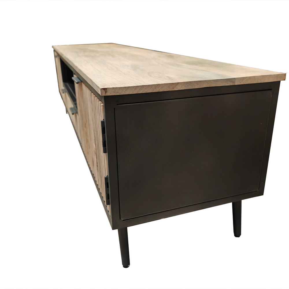 MEUBLE TV FLUTE MANGUIER ET METAL 2 PORTES 2 TIROIRS 180 X 45 X 50 - Photo N°4