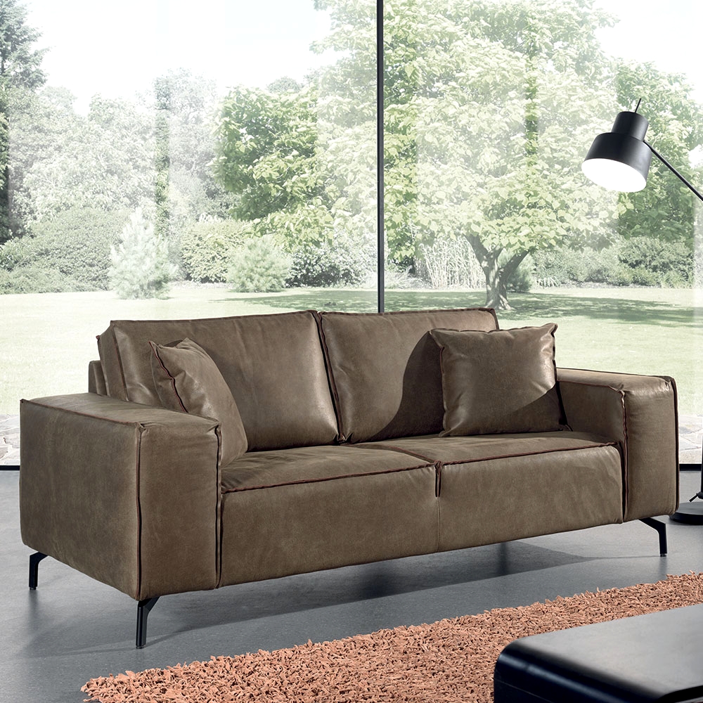 CANAPE PUEBLO 3 PLACES TISSU CUIR BULL KAKI 214 X 90 X 103 CM - Photo N°1