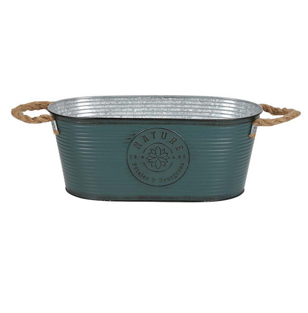 JARDINIERE EN METAL BLEUE NATURE PETALES ET BOURGEONS 35 X 19 X 14 CM - Photo N°1