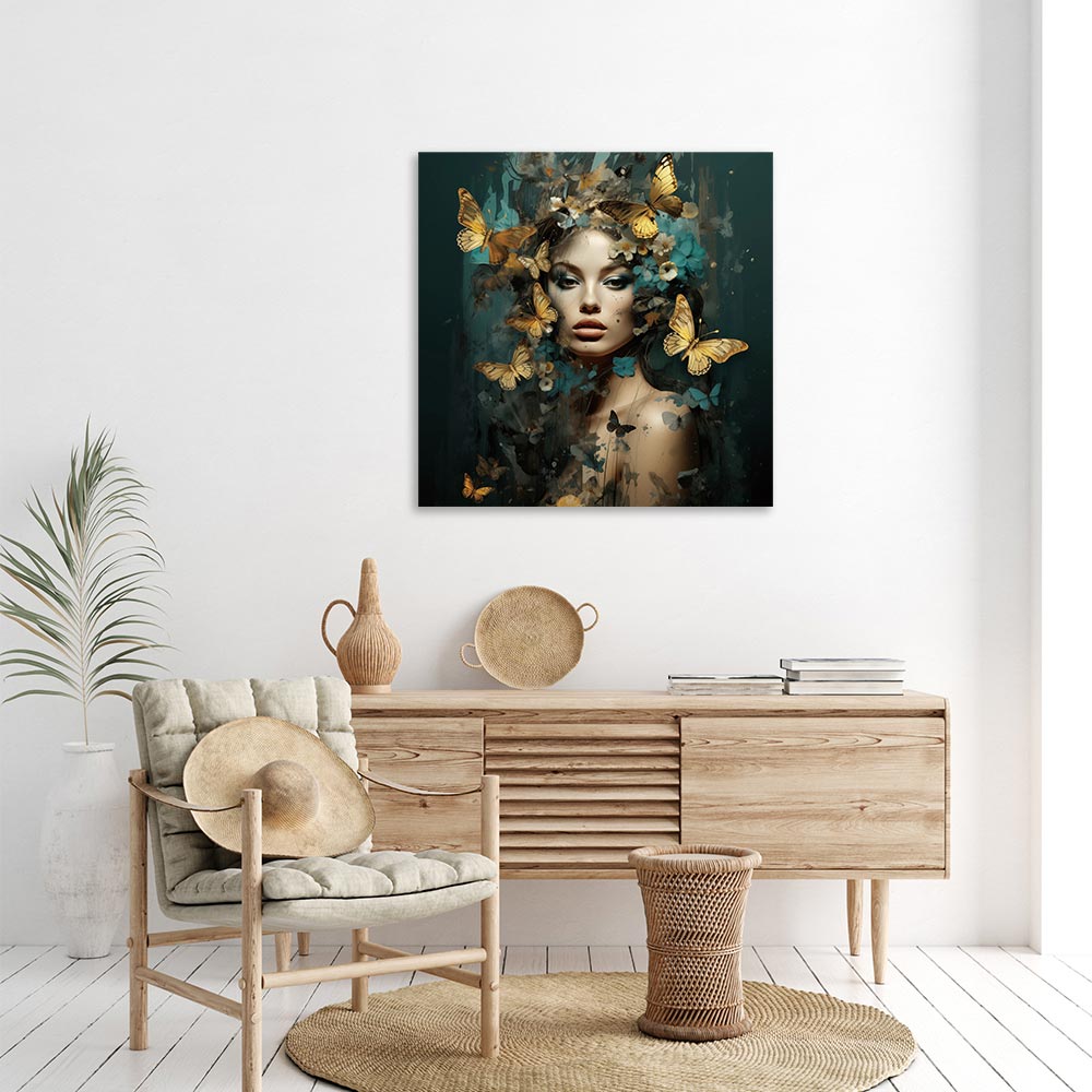 IMPRESSION SUR VERRE FEMME PAPILLONS OR  100 X 100 CM - Photo N°4