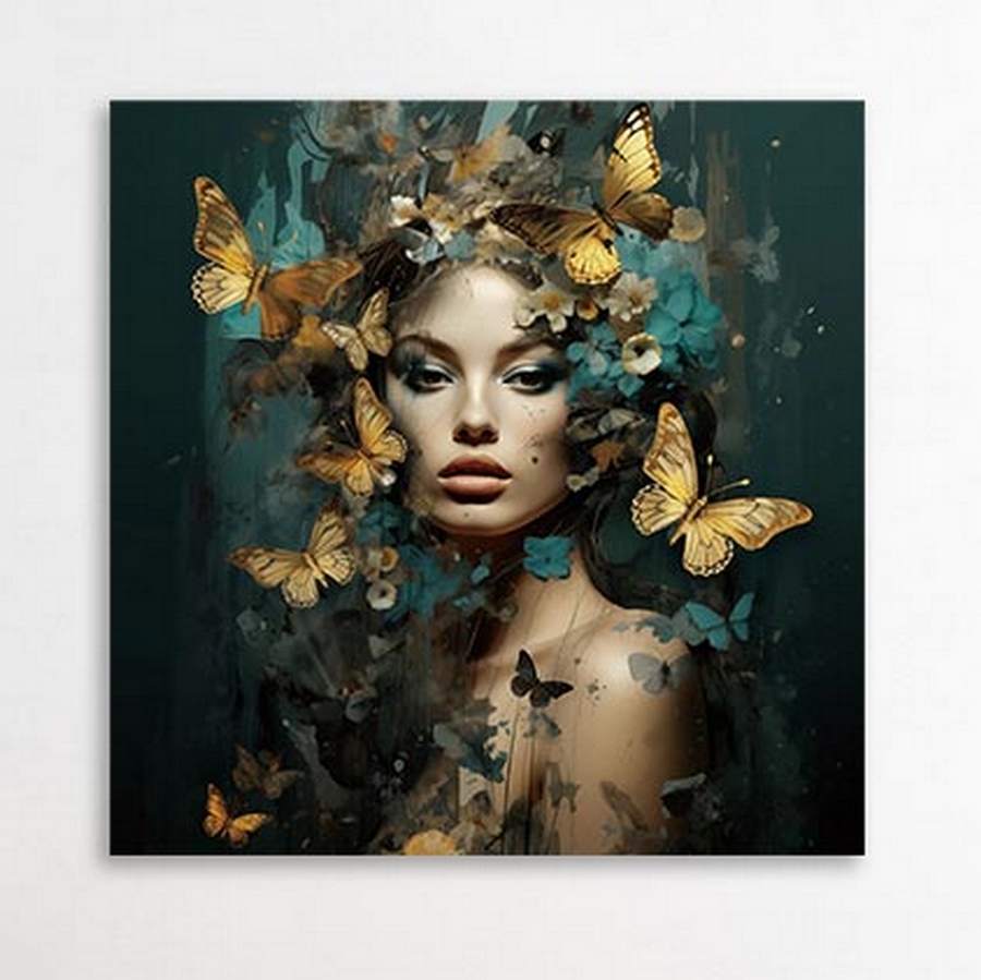 IMPRESSION SUR VERRE FEMME PAPILLONS OR  100 X 100 CM - Photo N°1