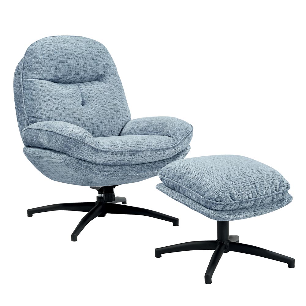 FAUTEUIL ET POUF BRANSON TISSU CREMONA BLEU PIEDS NOIR H 96 X L 78 X P 99 CM - Photo N°1