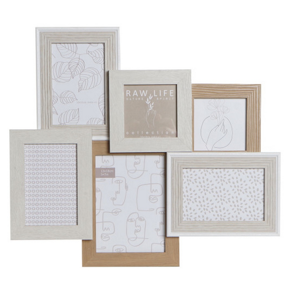 PELE MELE MURALE 6 PHOTOS BLANC BEIGE ET BOIS 47 X 42 X 3 cm - Photo N°1