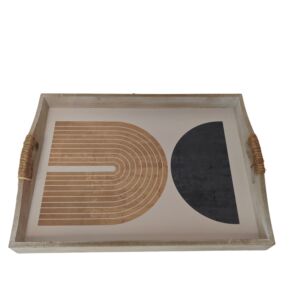 PLATEAU RECTANGULAIRE MODERNE BLEU ET SABLE ANSES CORDE  40.6 X 30 X 6 CM