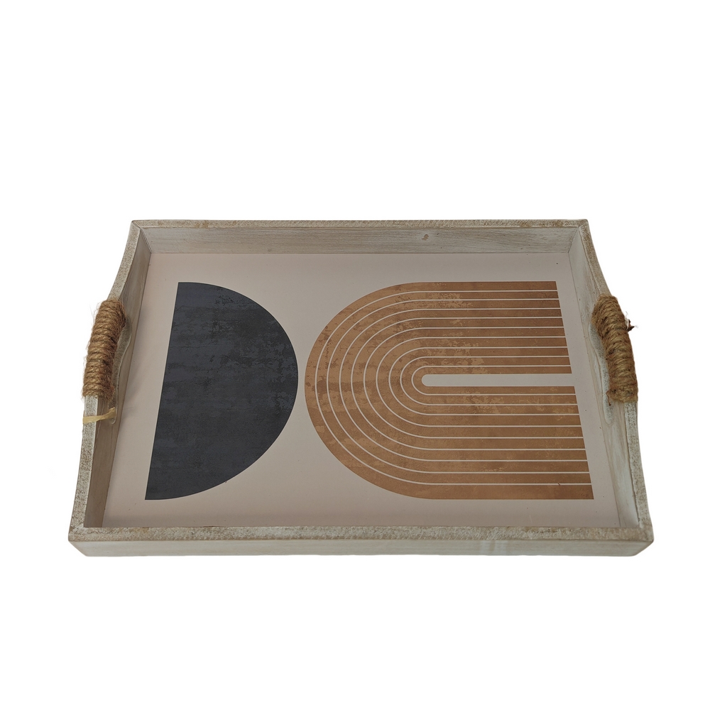 PLATEAU RECTANGULAIRE MODERNE BLEU ET SABLE ANSES CORDE  35.7 X 25 X 6 CM - Photo N°1