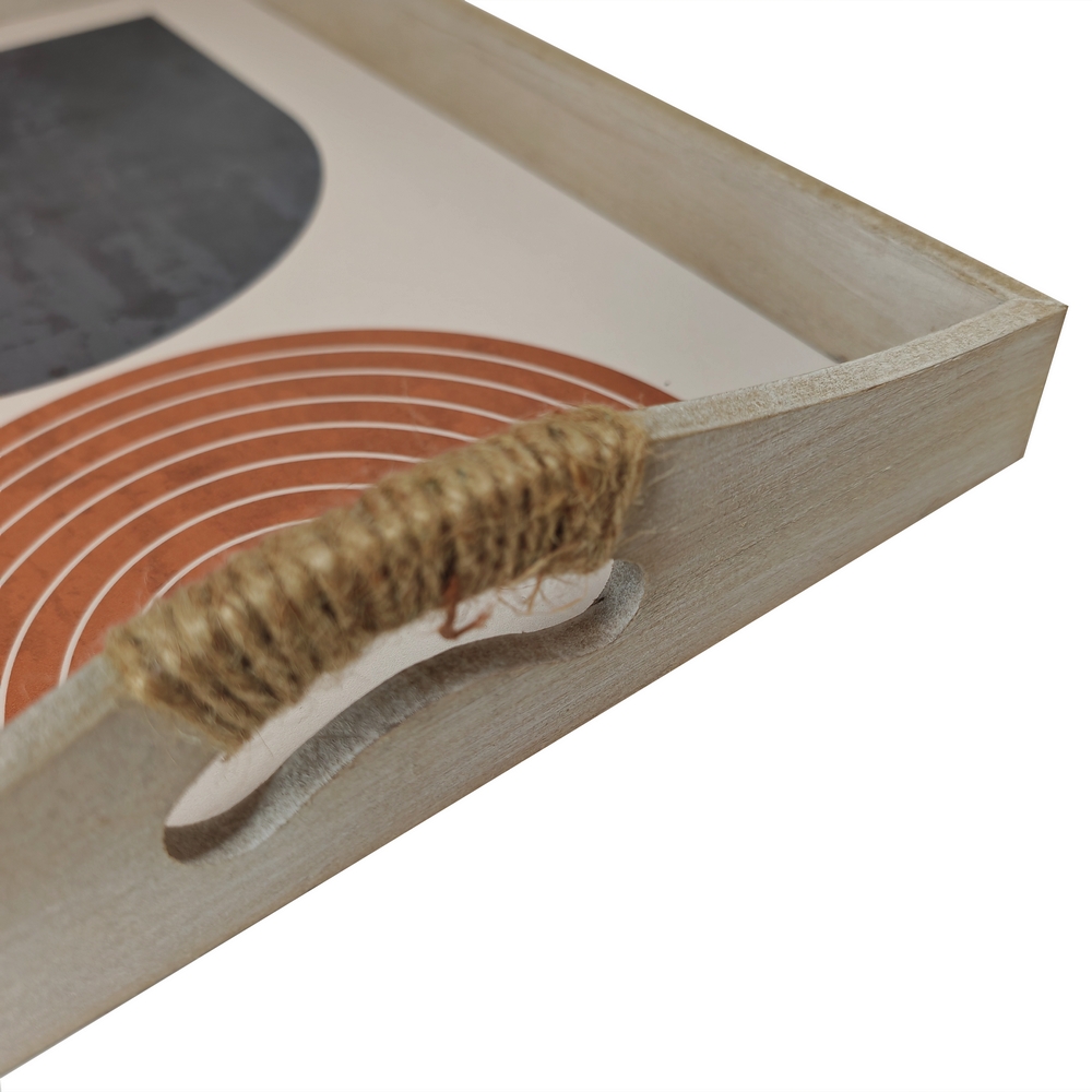 PLATEAU RECTANGULAIRE MODERNE BLEU ET TERRACOTTA ANSES CORDE  35.7 X 25 X 6 CM - Photo N°3