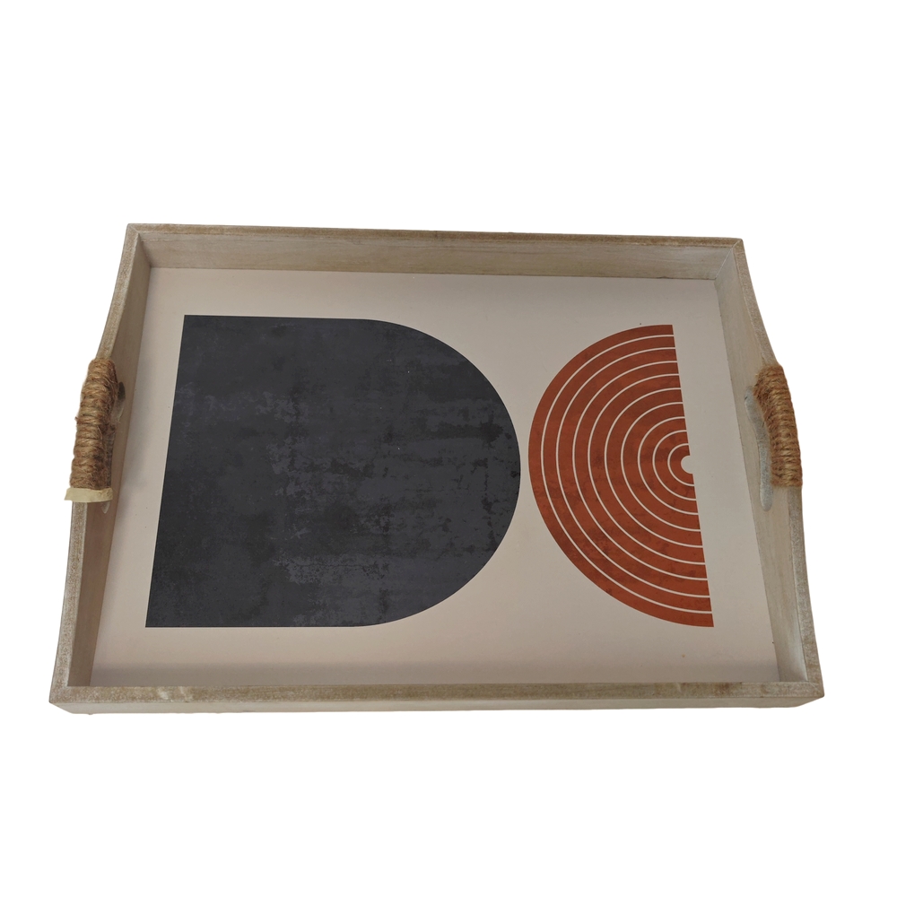 PLATEAU RECTANGULAIRE MODERNE BLEU ET TERRACOTTA ANSES CORDE  35.7 X 25 X 6 CM - Photo N°1