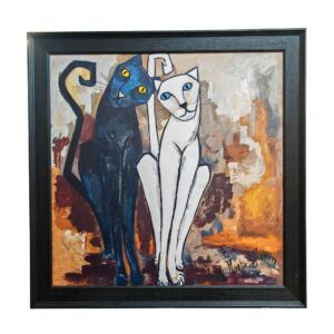 TOILE COUPLE CHAT NOIR  et  BLANC ENCADREMENT NOIR M. GONNIN 93 X 93 CM