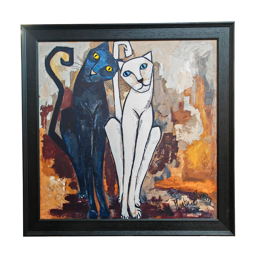 TOILE COUPLE CHAT NOIR  et  BLANC ENCADREMENT NOIR M. GONNIN 93 X 93 CM - Photo N°1