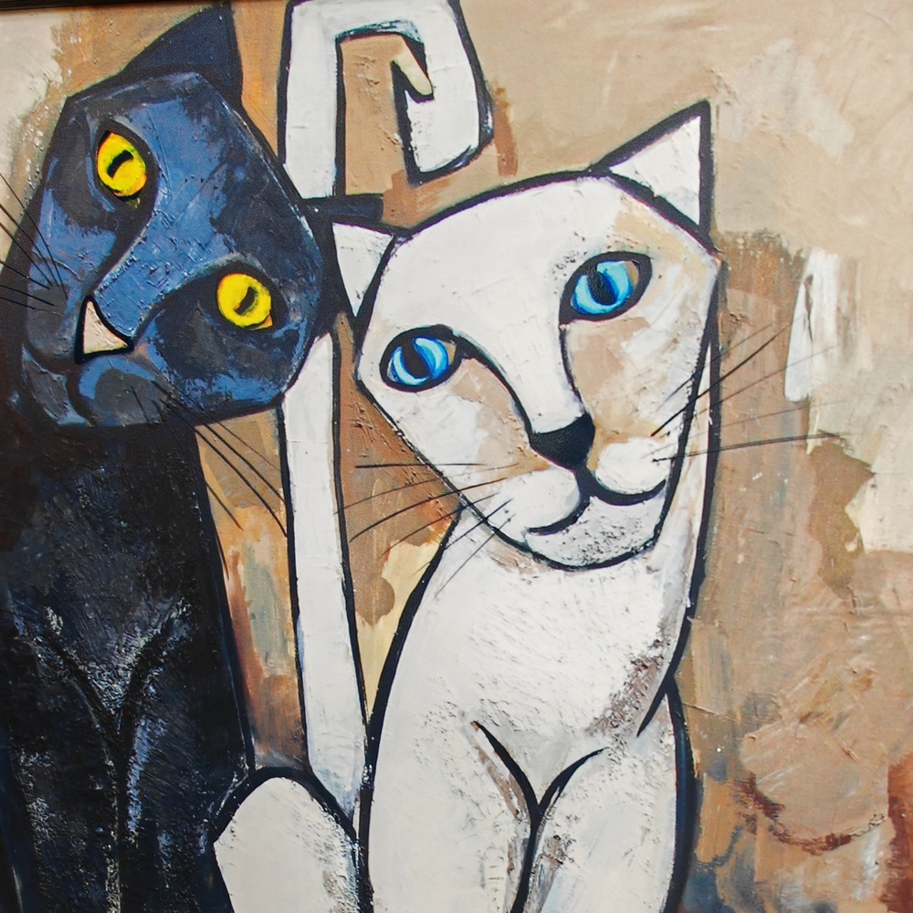 TOILE COUPLE CHAT NOIR  et  BLANC ENCADREMENT NOIR M. GONNIN 93 X 93 CM - Photo N°3