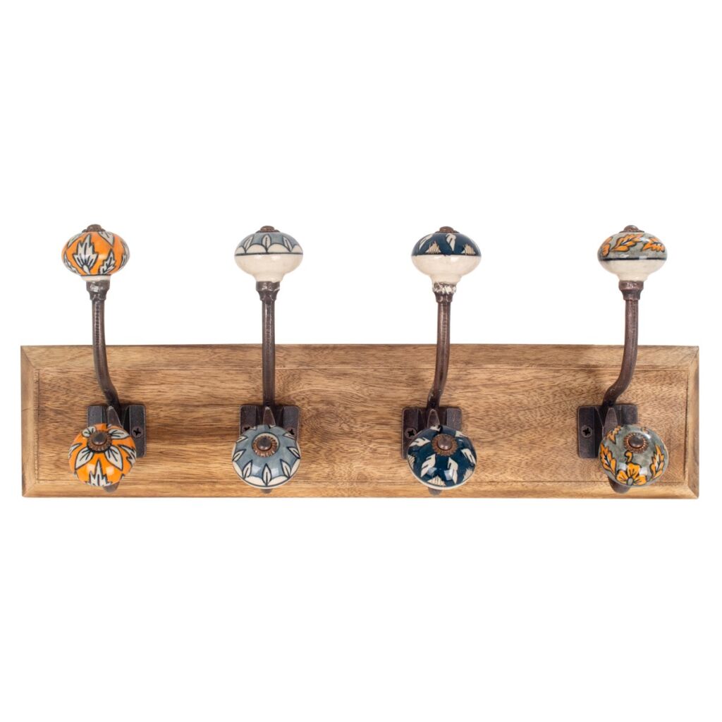 PATERE QUATRE TETES  EN BOIS TETE CERAMIQUE  45 x 12 x 19 cm - Photo N°2