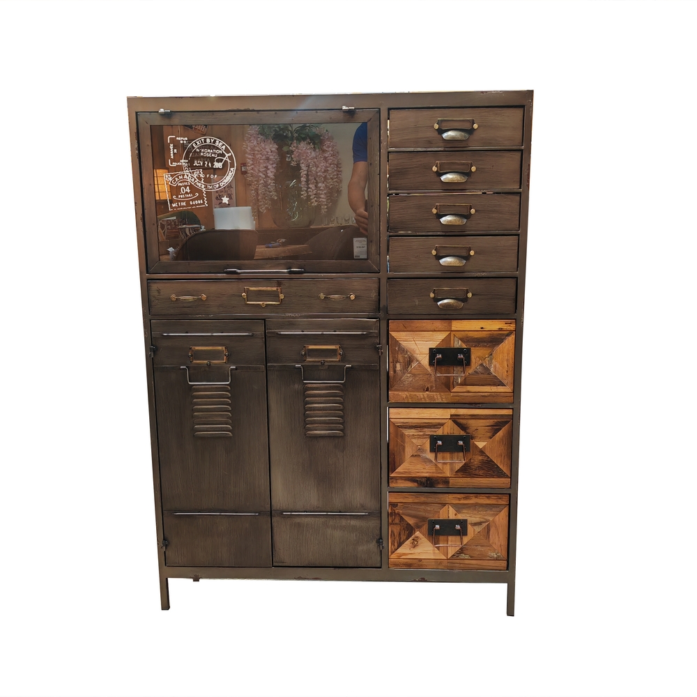 COMMODE DECO 9 TIROIRS 3 PORTES BOIS ET METAL 84 X 118 X 35 CM - Photo N°1