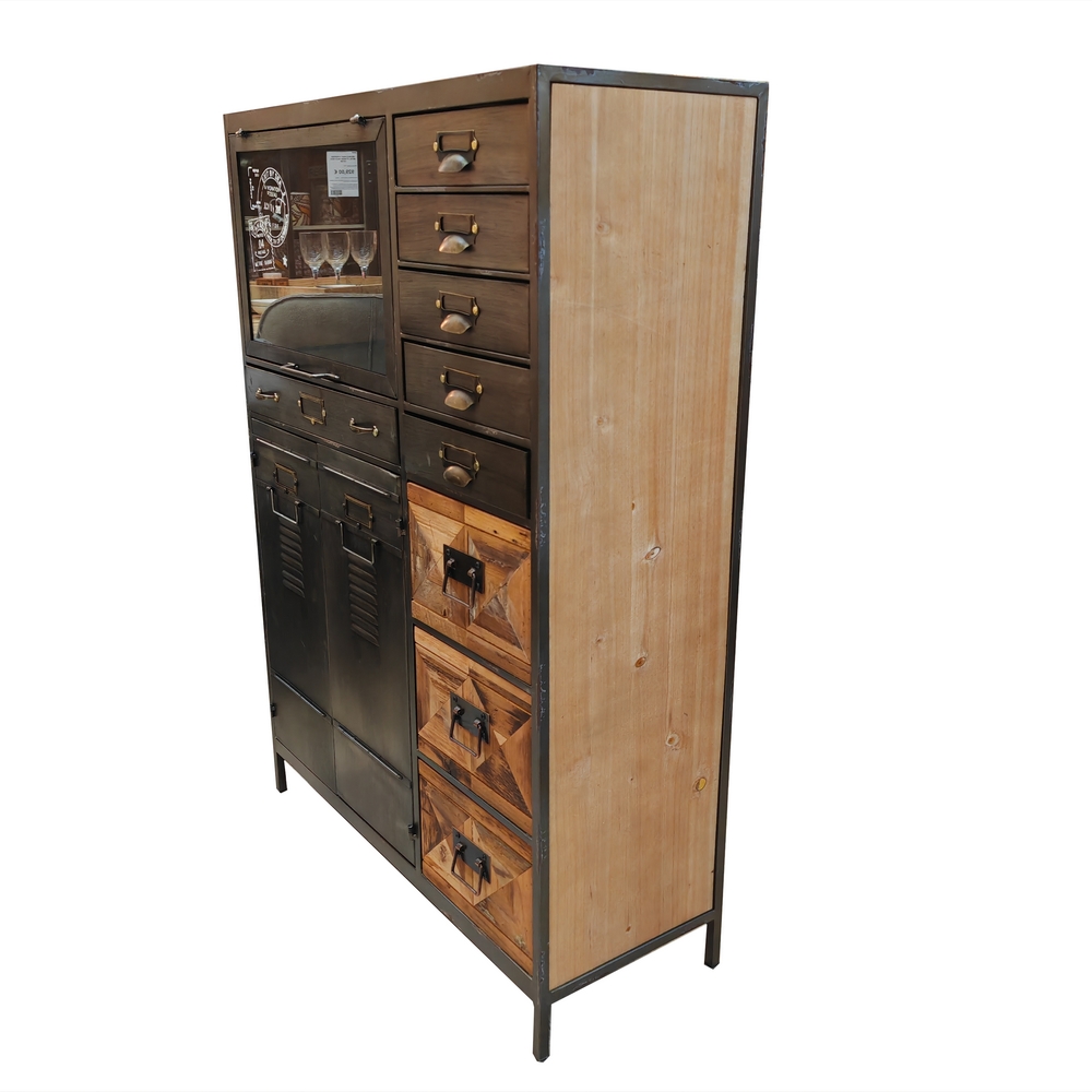 COMMODE DECO 9 TIROIRS 3 PORTES BOIS ET METAL 84 X 118 X 35 CM - Photo N°3