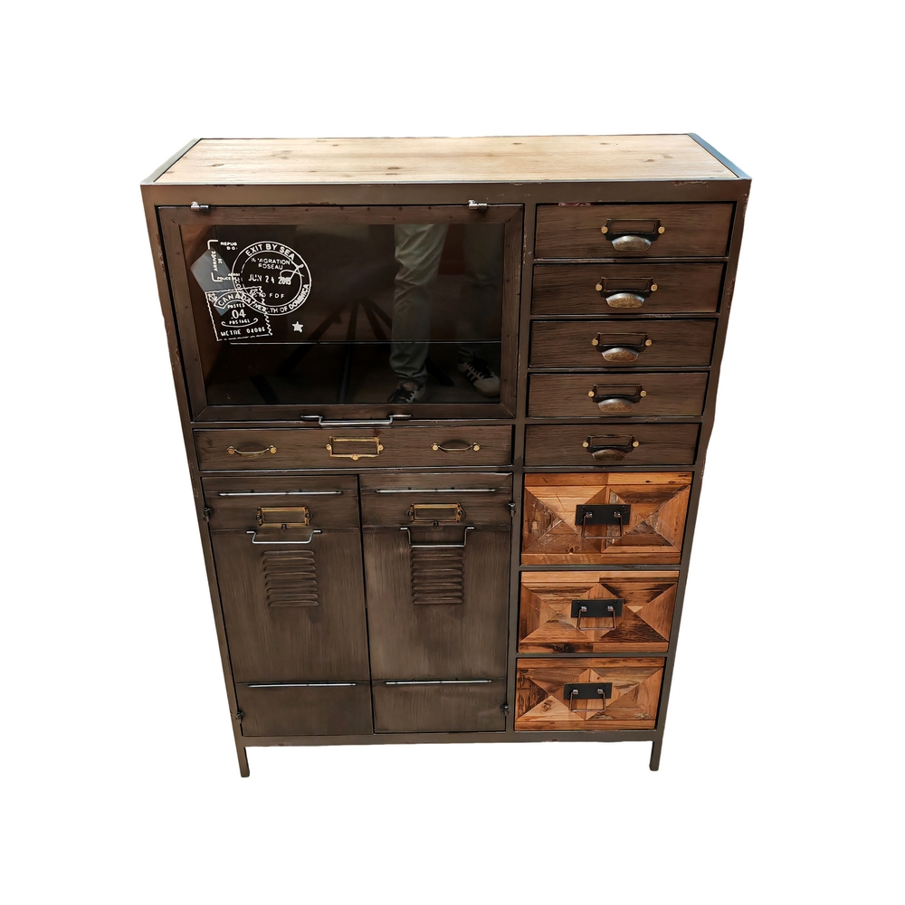 COMMODE DECO 9 TIROIRS 3 PORTES BOIS ET METAL 84 X 118 X 35 CM - Photo N°2