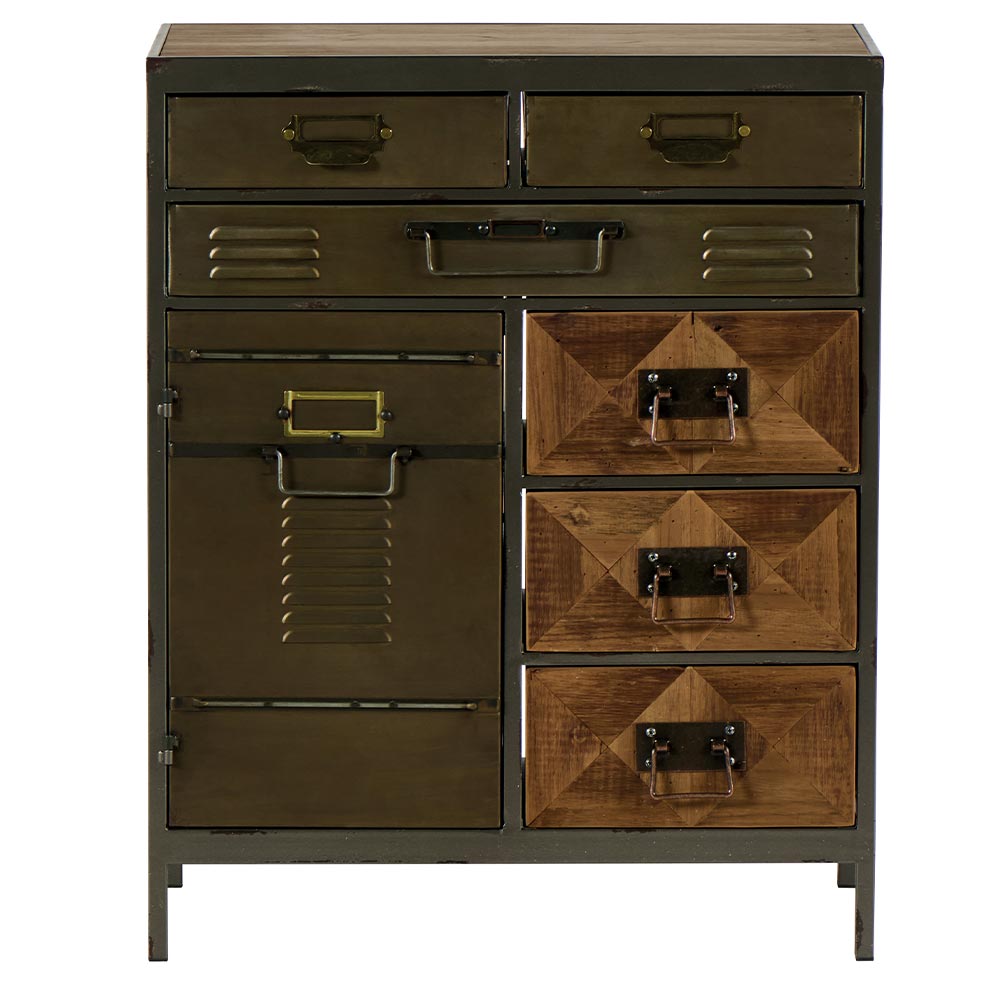 COMMODE DECO 6 TIROIRS 1 PORTE METAL ET BOIS DIMENSIONS 61 X 76 X 34 CM - Photo N°2