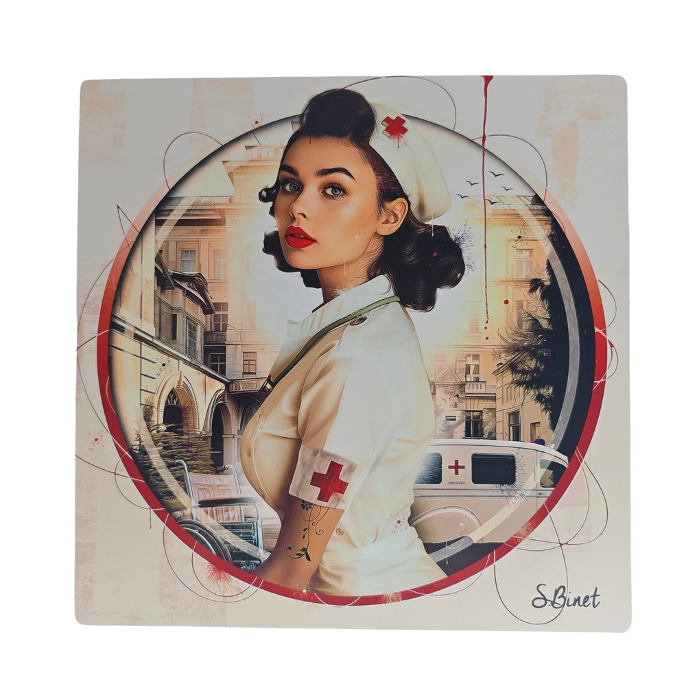 IMPRESSION S BINET PIN UP INFIRMIERE SUR DIBOND AVEC ATTACHE 20 X 20 CM - Photo N°1