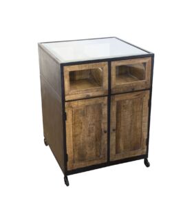 VITRINE DOUBLE FACE EN MANGUIER 4 PORTES 4 TIROIRS DESSUS VITRE 83 X 90 X 103 CM