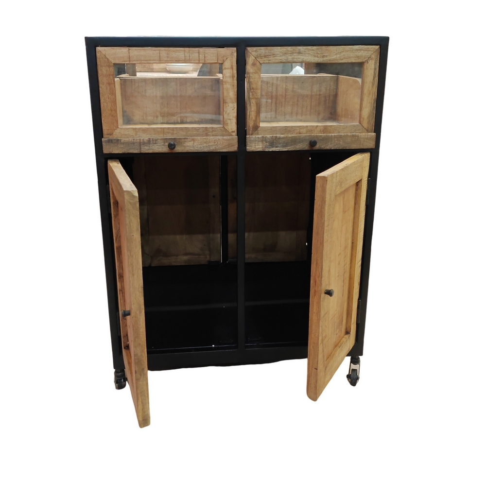 VITRINE DOUBLE FACE EN MANGUIER 4 PORTES 4 TIROIRS DESSUS VITRE 83 X 90 X 103 CM - Photo N°7