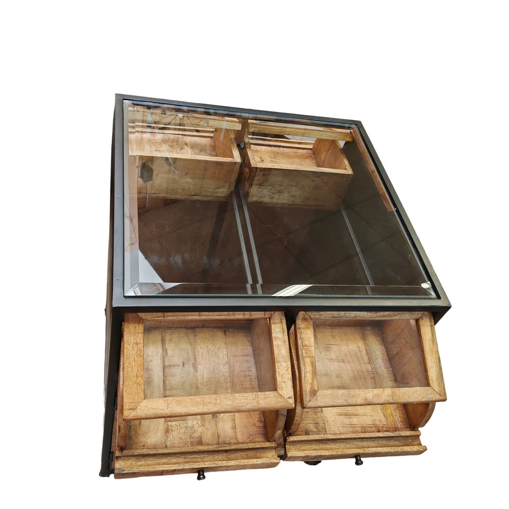 VITRINE DOUBLE FACE EN MANGUIER 4 PORTES 4 TIROIRS DESSUS VITRE 83 X 90 X 103 CM - Photo N°3