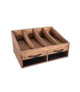 RANGE COUVERTS BOIS ET METAL 4 COMPARTIMENTS ET 2 TIROIRS 40 X 20 X 30 CM