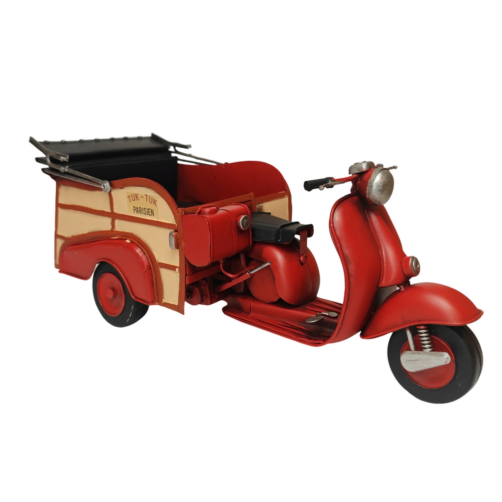 VESPA TUK-TUK EN METAL VIEILLI ROUGE ET BOIS 38 X 15 X 15 CM - Photo N°1