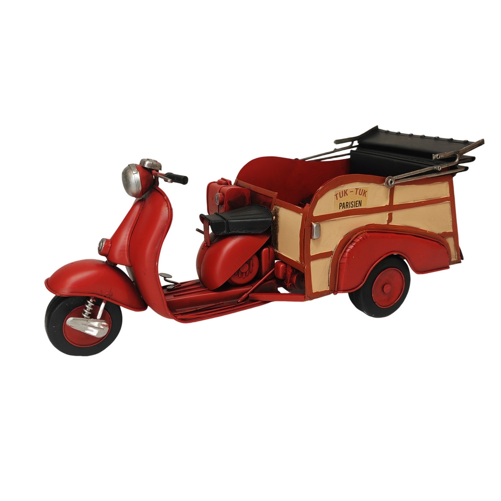 VESPA TUK-TUK EN METAL VIEILLI ROUGE ET BOIS 38 X 15 X 15 CM - Photo N°3