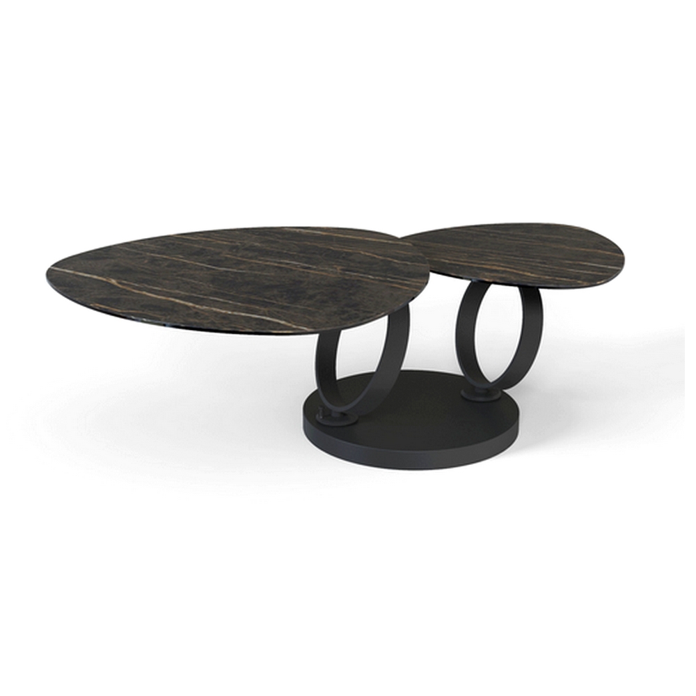 TABLE DE SALON MILAN DEUX PLATEAUX CERAMIQUE MARBRE NOIR ET OR 129 X 82 X 43 CM - Photo N°1