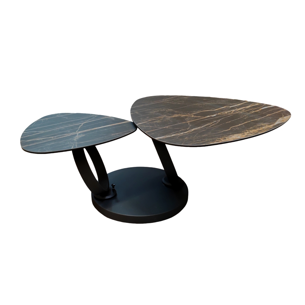 TABLE DE SALON MILAN DEUX PLATEAUX CERAMIQUE MARBRE NOIR ET OR 129 X 82 X 43 CM - Photo N°6