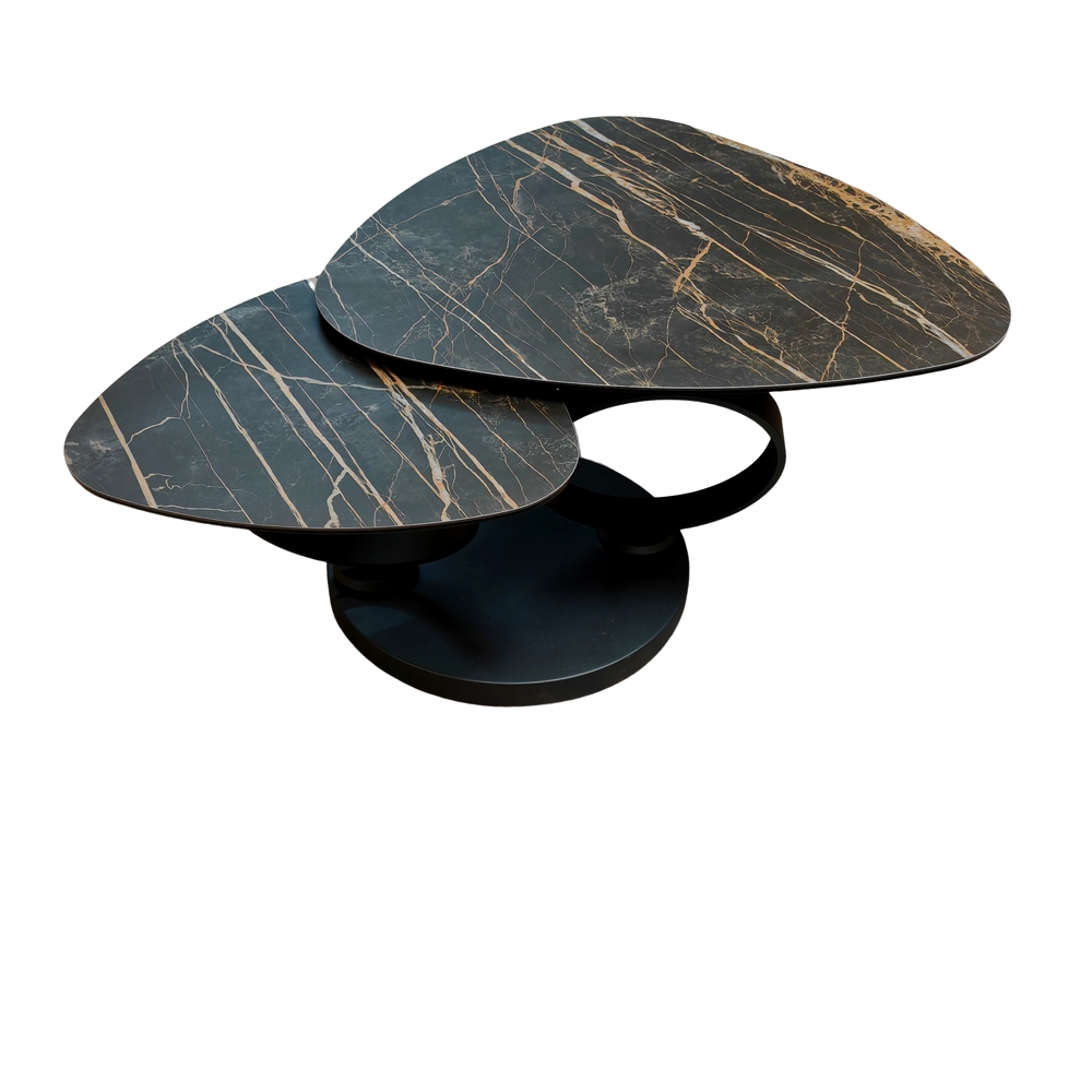 TABLE DE SALON MILAN DEUX PLATEAUX CERAMIQUE MARBRE NOIR ET OR 129 X 82 X 43 CM - Photo N°5