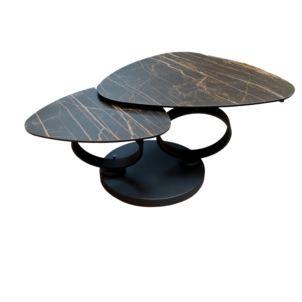 TABLE DE SALON MILAN DEUX PLATEAUX CERAMIQUE MARBRE NOIR ET OR 129 X 82 X 43 CM - Photo N°4