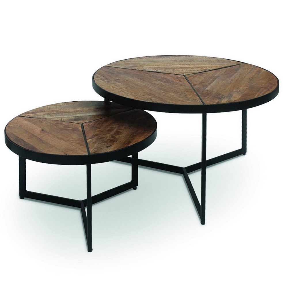 SET DE 2 TABLES GIGOGNES LAVEU RONDES BOIS ET METAL 70 x 40 - 50 x 32 CM - Photo N°4