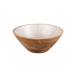 SALADIER VENUS BOIS DE MANGUIER ET DECOR BLANC NACRE 30.5 X 12 CM