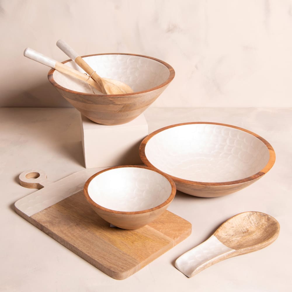 SALADIER VENUS BOIS DE MANGUIER ET DECOR BLANC NACRE 30.5 X 12 CM - Photo N°2