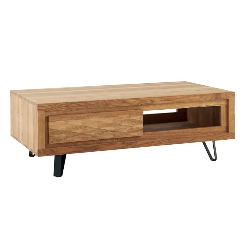 TABLE BASSE WAVE CHENE MASSIF HUILE TON MIEL 1 TIROIR 1 NICHE 120 X 40 X 60 CM - Photo N°1