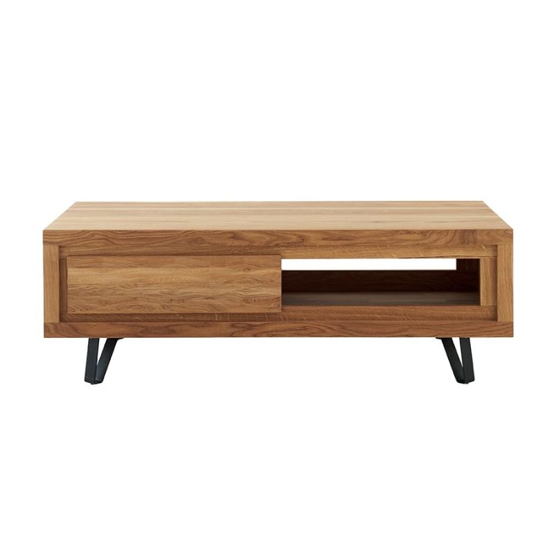 TABLE BASSE WAVE CHENE MASSIF HUILE TON MIEL 1 TIROIR 1 NICHE 120 X 40 X 60 CM - Photo N°5