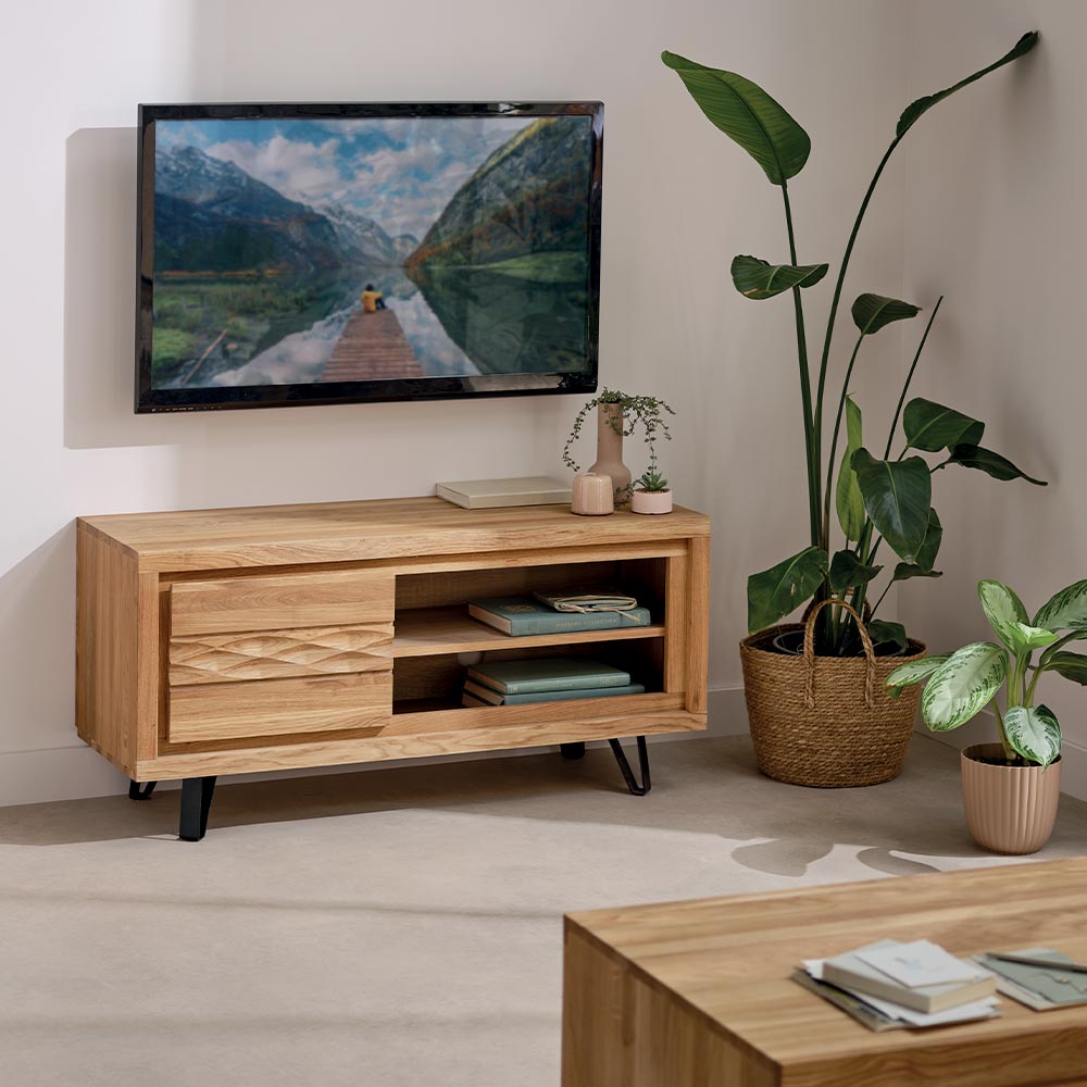 MEUBLE TV WAVE CHENE MASSIF HUILE TON MIEL 1 PORTE 2 NICHES 117 X 55 X 40 CM - Photo N°4