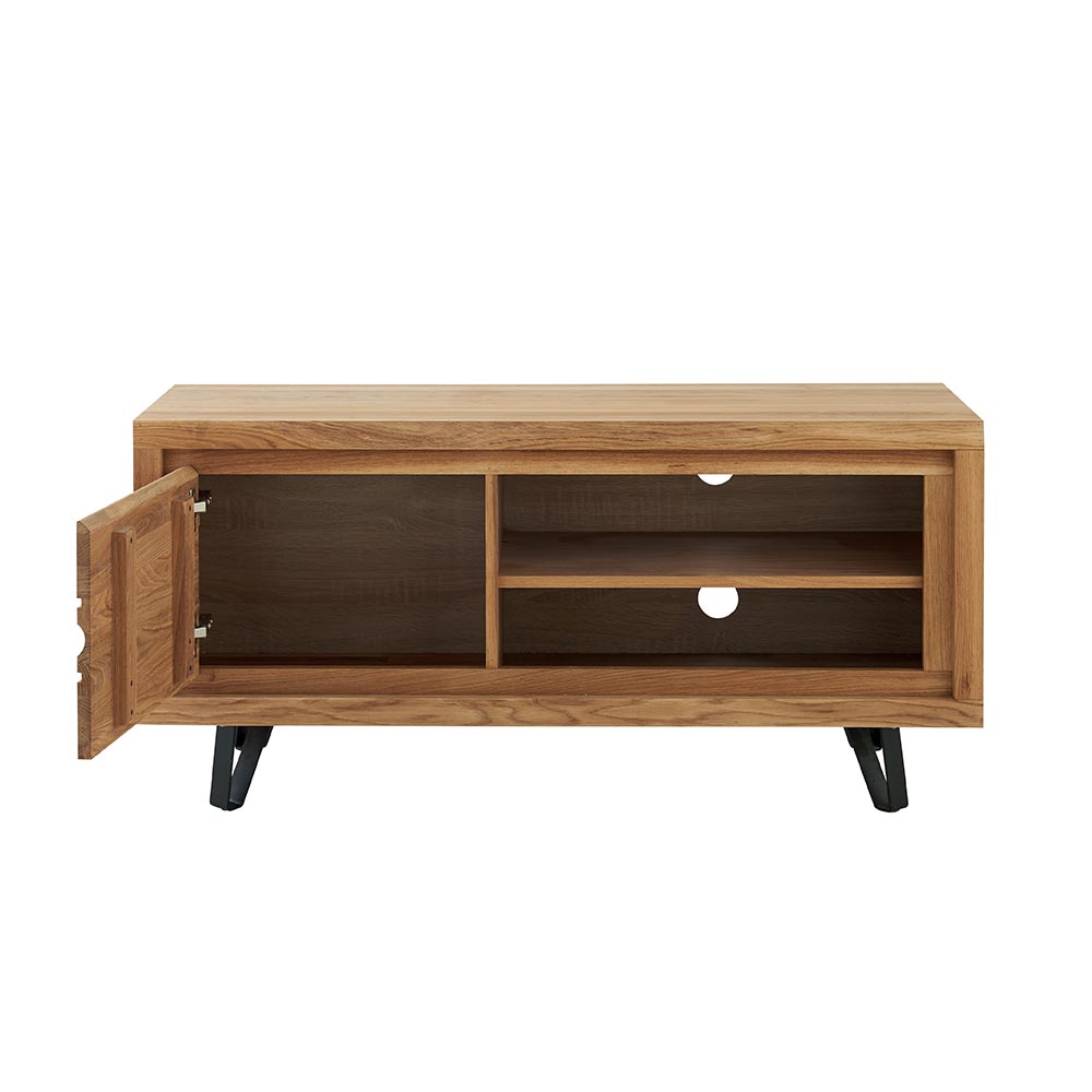 MEUBLE TV WAVE CHENE MASSIF HUILE TON MIEL 1 PORTE 2 NICHES 117 X 55 X 40 CM - Photo N°2