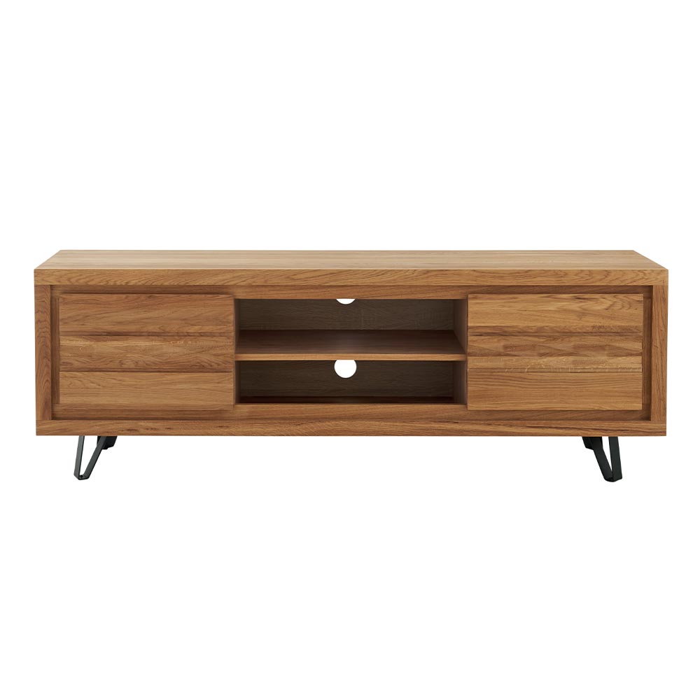 MEUBLE TV WAVE CHENE MASSIF HUILE TON MIEL 2 PORTES 2 NICHES 160 X 55 X 40 CM - Photo N°8