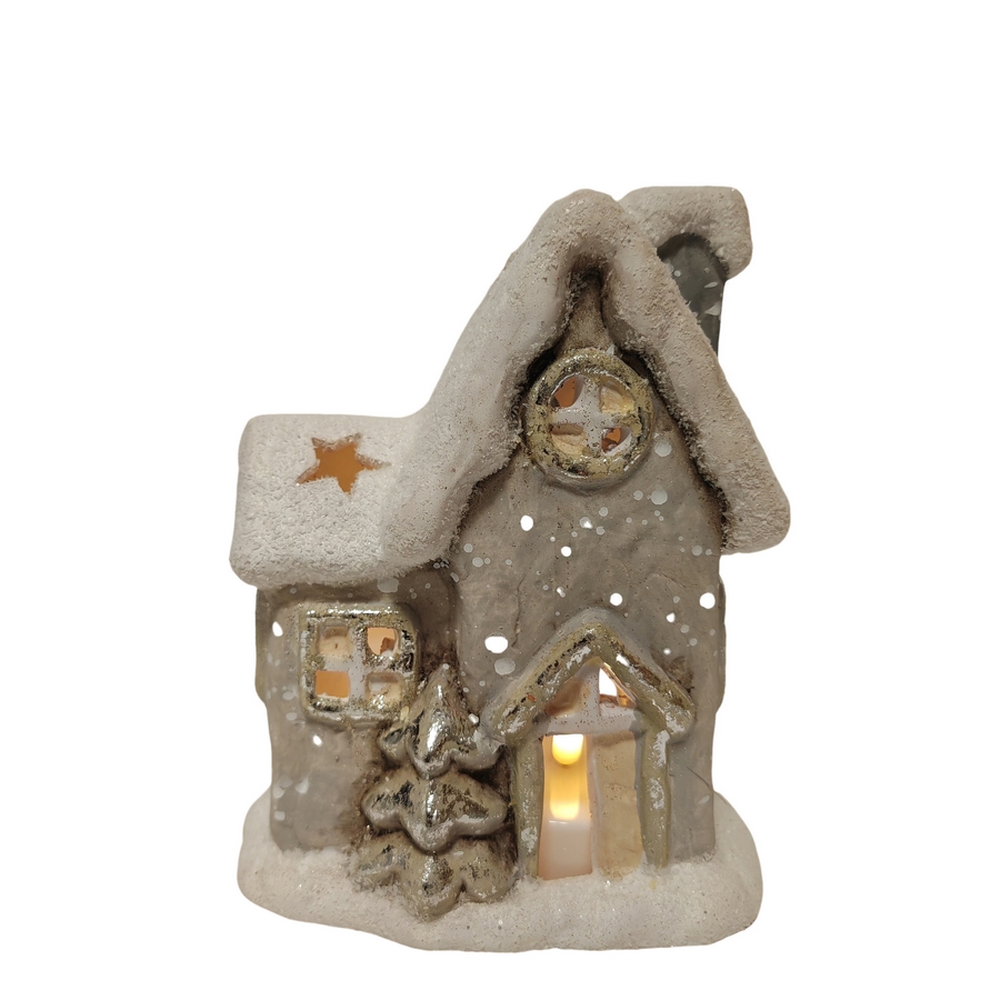 PHOTOPHORE MAISON DE NOEL CERAMIQUE GRISE ET BLANCHE  15.5 X 19.5 X 9.5 CM - Photo N°1