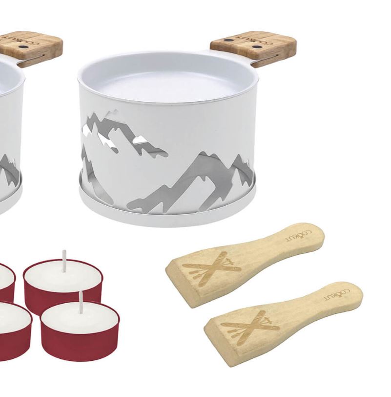 SET 2 RACLETTES INDIVIDUEL ROND METAL DECOR MONTAGNES BLANCHES - Photo N°3