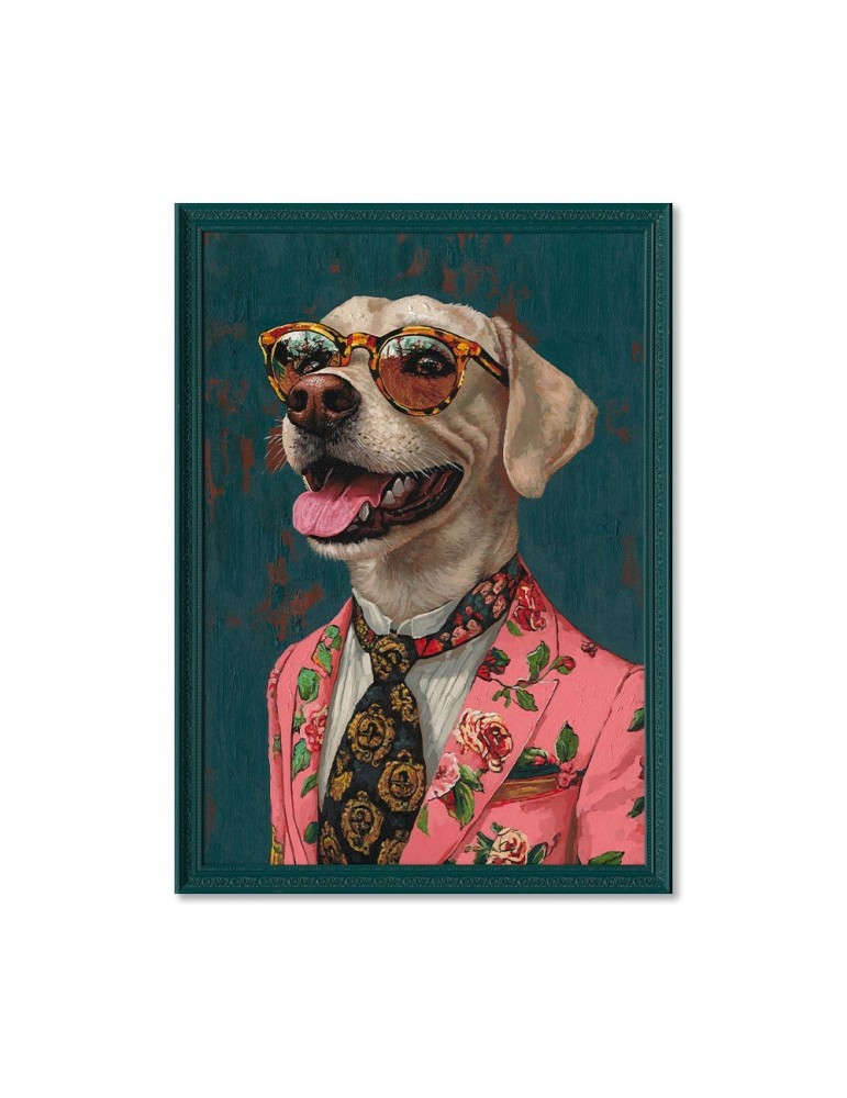 CADRE CHIEN HUMANISE SUR FOND BOIS PEINTURE REPRIS A LA MAIN 70 X 100 X 3 CM - Photo N°1