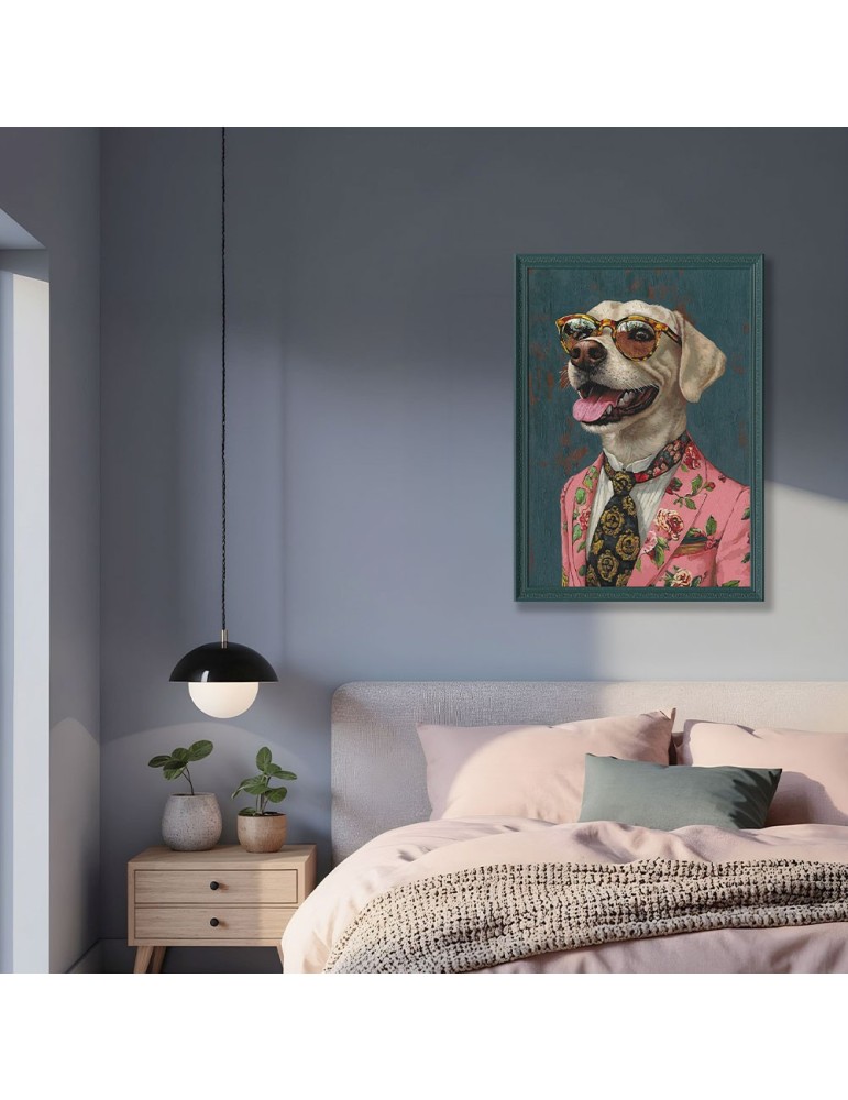 CADRE CHIEN HUMANISE SUR FOND BOIS PEINTURE REPRIS A LA MAIN 70 X 100 X 3 CM - Photo N°6