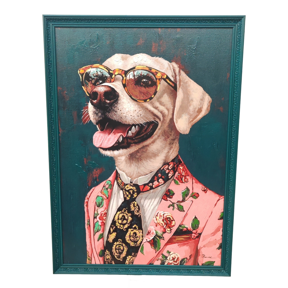 CADRE CHIEN HUMANISE SUR FOND BOIS PEINTURE REPRIS A LA MAIN 70 X 100 X 3 CM - Photo N°4